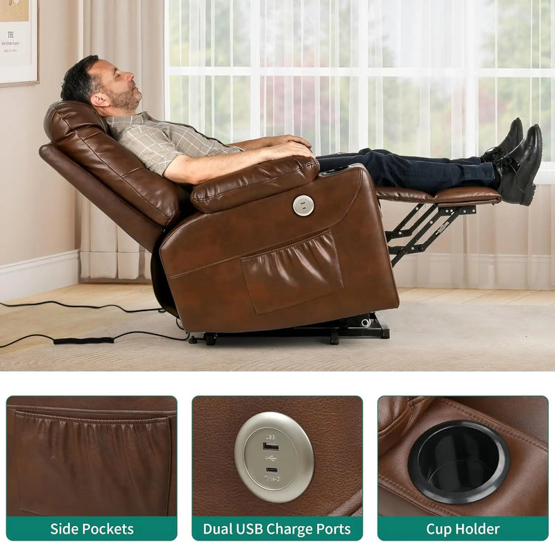 Electric Power Lift Recliner Chair for Elderly, Faux Leather Recliner Chair with Massage and Heat, Spacious Seat, USB Ports