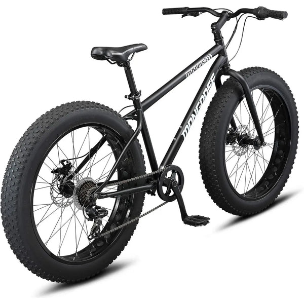 Malus Mens and Women Fat Tire Mountain Bike, 26-Inch Bicycle Wheels, 4-Inch Wide Knobby Tires, Steel Frame, 7 Speed Drivetrain