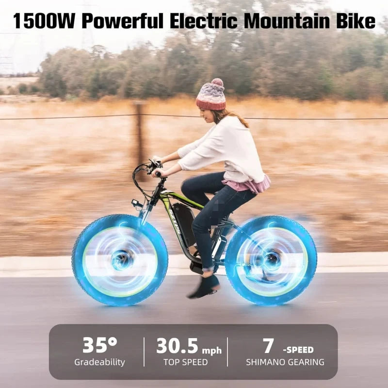 2000W for Adults,26" Fat Tire Mountain ,48V 22.4Ah Removable Li-Ion Battery,Max 30.5Mph E-Bike Snow Beach,Electric Bicycle