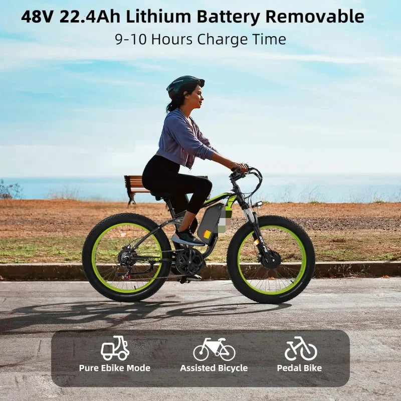 2000W for Adults,26" Fat Tire Mountain ,48V 22.4Ah Removable Li-Ion Battery,Max 30.5Mph E-Bike Snow Beach,Electric Bicycle