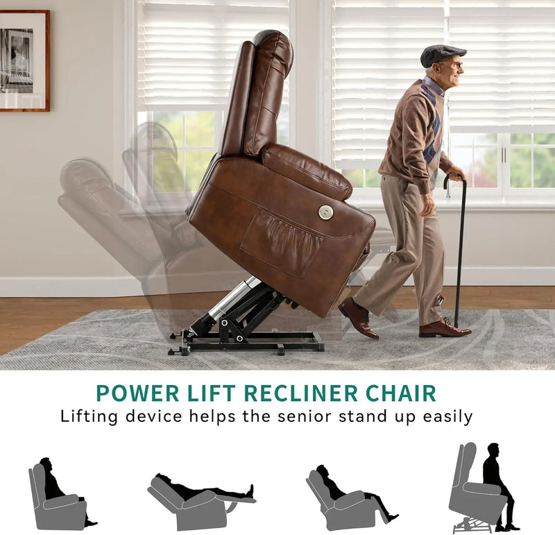 Electric Power Lift Recliner Chair for Elderly, Faux Leather Recliner Chair with Massage and Heat, Spacious Seat, USB Ports