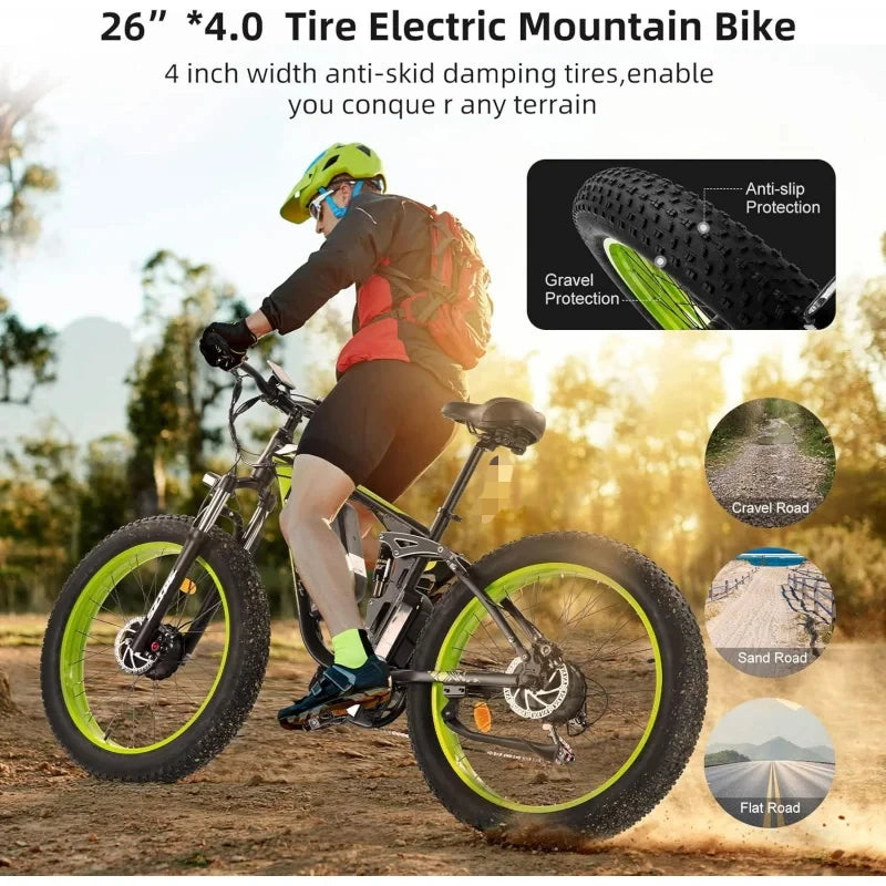 2000W for Adults,26" Fat Tire Mountain ,48V 22.4Ah Removable Li-Ion Battery,Max 30.5Mph E-Bike Snow Beach,Electric Bicycle