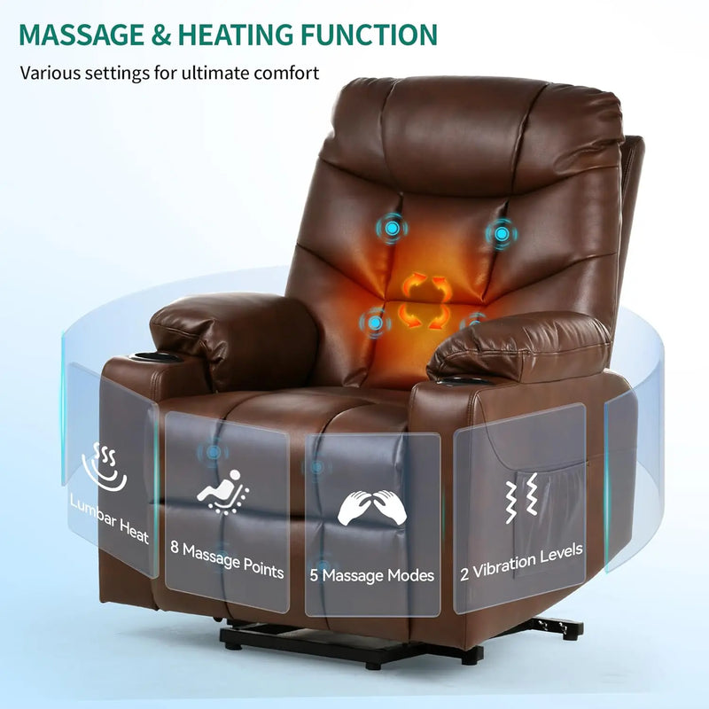 Electric Power Lift Recliner Chair for Elderly, Faux Leather Recliner Chair with Massage and Heat, Spacious Seat, USB Ports