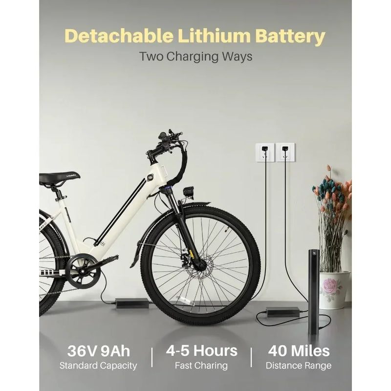 26" Electric Bike for Adults,Step Through Electric Bicycle,36V 9Ah Removable Battery, 20MPH E-bikes with Front Suspension