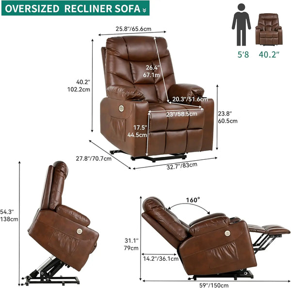 Electric Power Lift Recliner Chair for Elderly, Faux Leather Recliner Chair with Massage and Heat, Spacious Seat, USB Ports